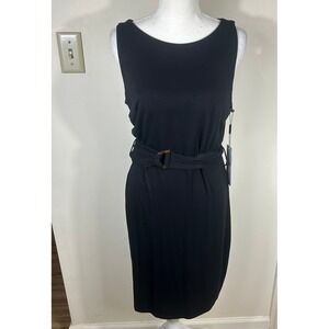Calvin Klein Sheath Dress Sz 10 Black Belted Tortoise Ring Sleeveless LBD Career